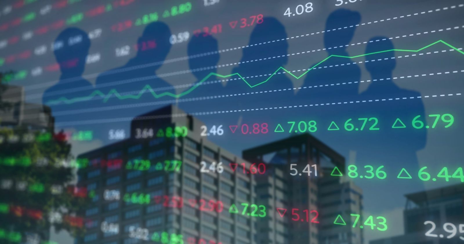 Silhouettes of investors with figures